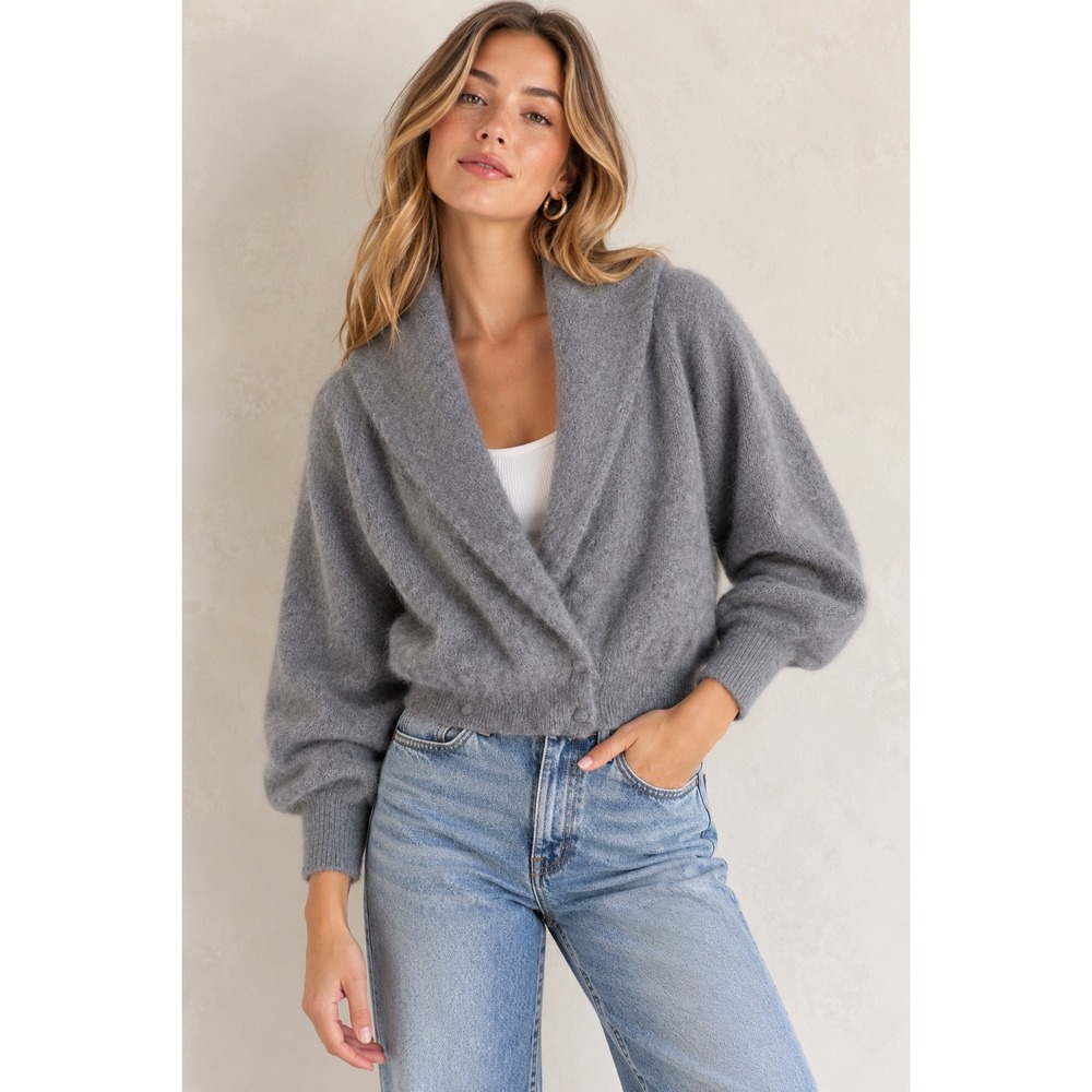 Madeleine Italy Grey Angora Lambswool Shawl Collar Balloon Sleeve Cardigan M